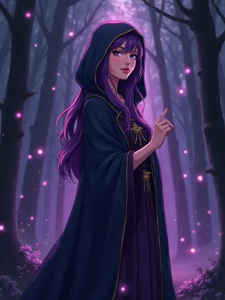 FantasyGF: ilustrační obrázek vytvořený AI, čarodějka v anime stylu s dlouhými fialovými vlasy v tmavém plášti s kapucí, v lese se zářícími koulemi