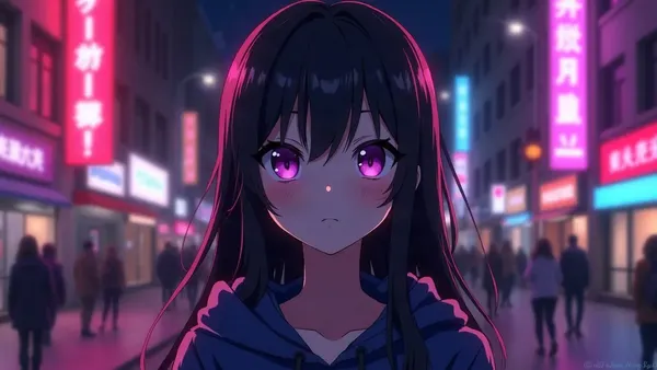 Ženská anime postava s černými vlasy v mikině s kapucí, v noční neonové ulici (ilustrace k článku)