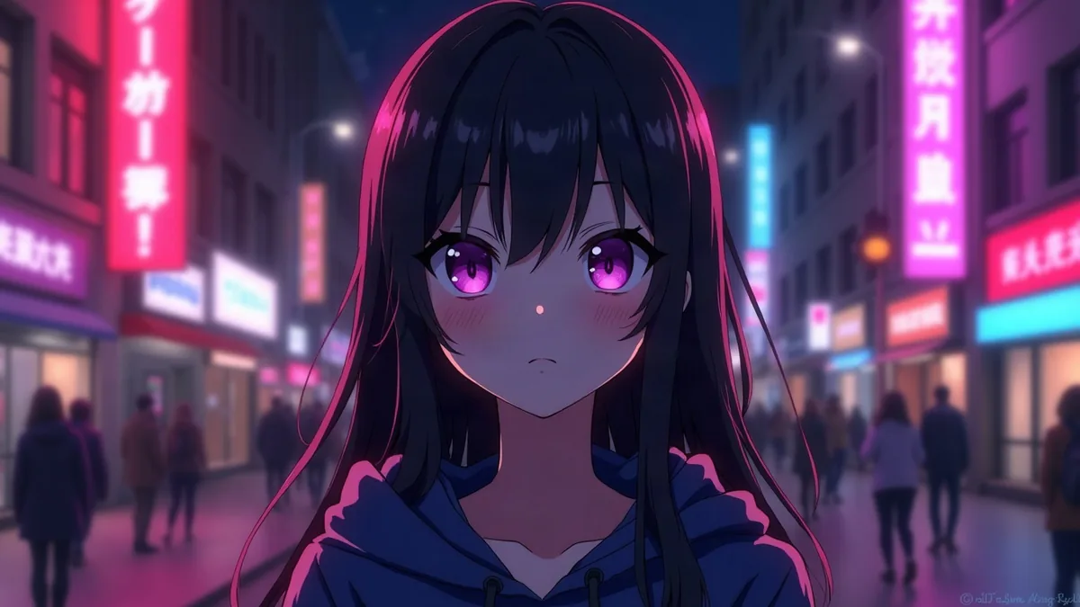 Ženská anime postava s černými vlasy v mikině s kapucí, v noční neonové ulici (ilustrace k článku)