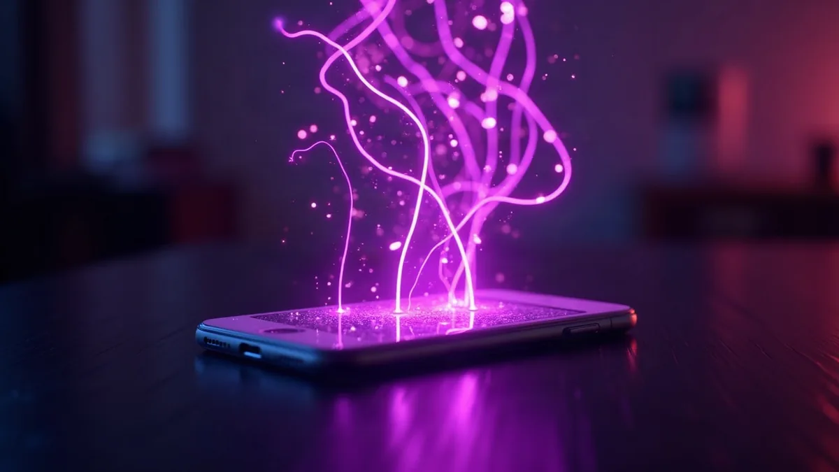 Svítící linie neuronové sítě vznášející se nad smartphonem (ilustrace k článku)