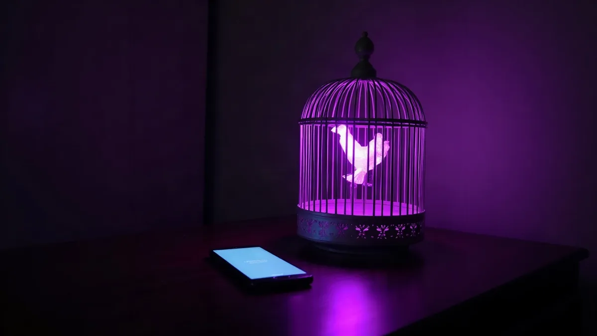 Otevřená ptačí klec, z níž uniká fialové světlo, vedle smartphonu (ilustrace k článku)