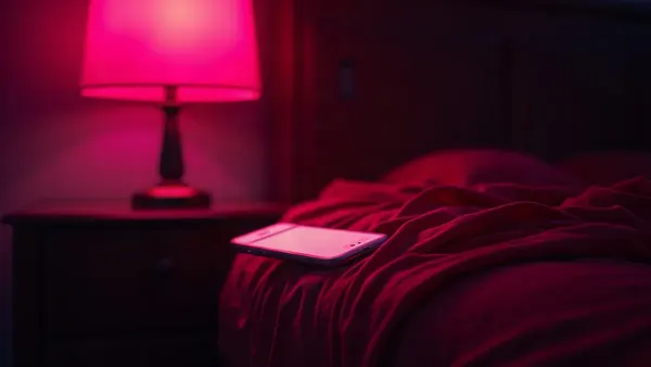 Červené hedvábí a svítící smartphone na nočním stolku, purpurové světlo (ilustrace k článku)
