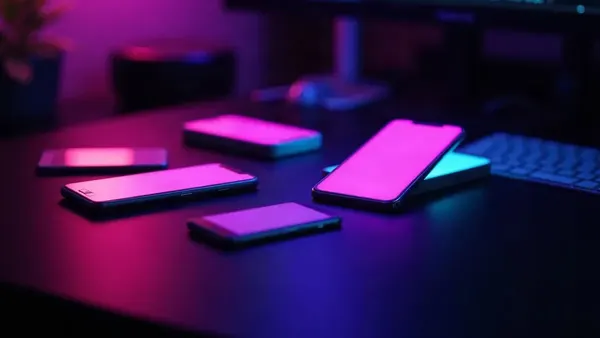 Svítící smartphony rozložené do vějíře na tmavém stole, jeden zvýrazněný (ilustrace k článku)