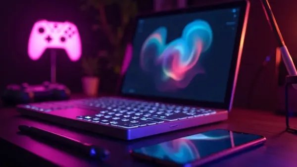 Tmavý tvůrčí stůl s notebookem, smartphonem a svítícím růžovým ovladačem (ilustrace k článku)