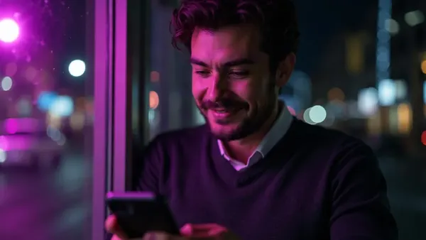 Tmavovlasý muž v antracitovém svetru se usmívá na telefon před nočním oknem (ilustrace k článku)
