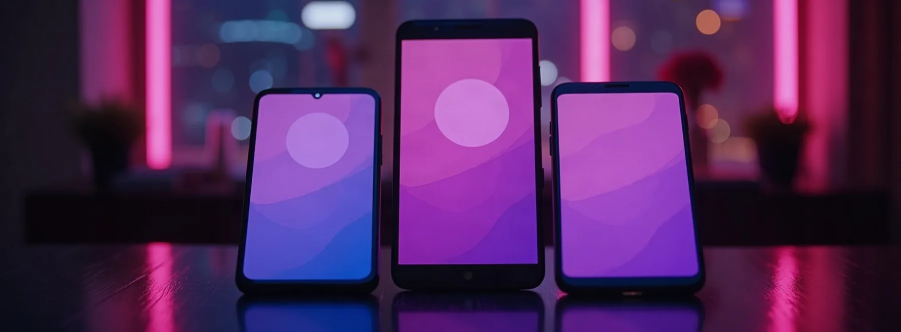 Trois smartphones lumineux sur un bureau sombre, bulles de discussion floues sur les écrans
