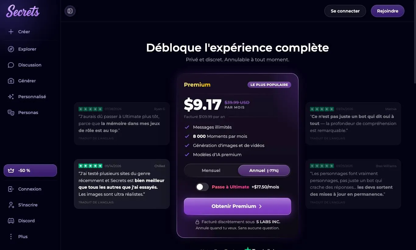 Snímek obrazovky oficiální stránky předplatného Secrets AI, pořízený 30.09.2026